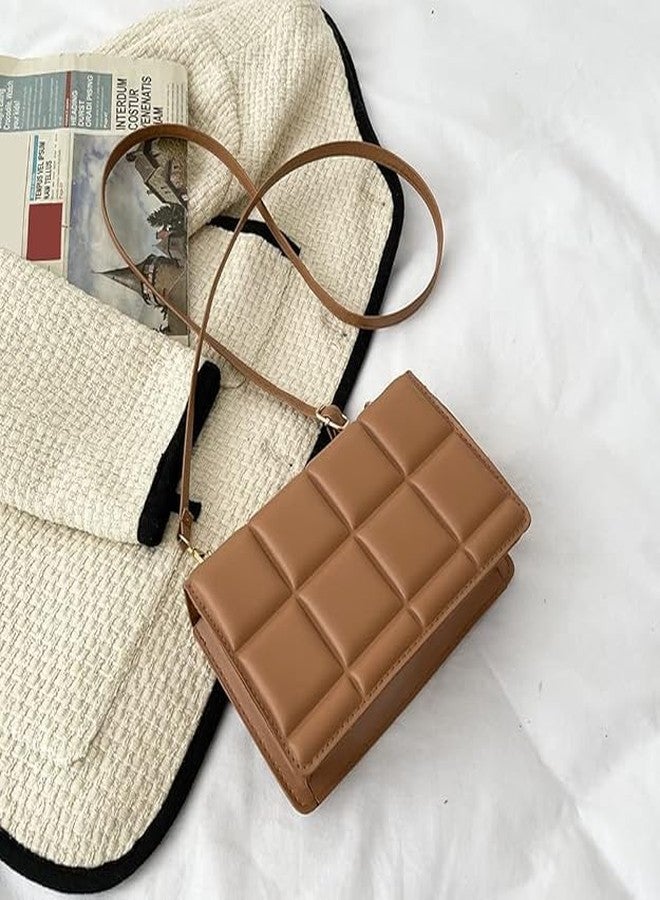 SPITEN Women's Mini Handbag - PU Leather Hobo Bucket Purse with Flap - Checker Pattern Crossbody Shoulder Bag for Casual, Wedding, Party, and Daily Use (BROWN) - Image 4